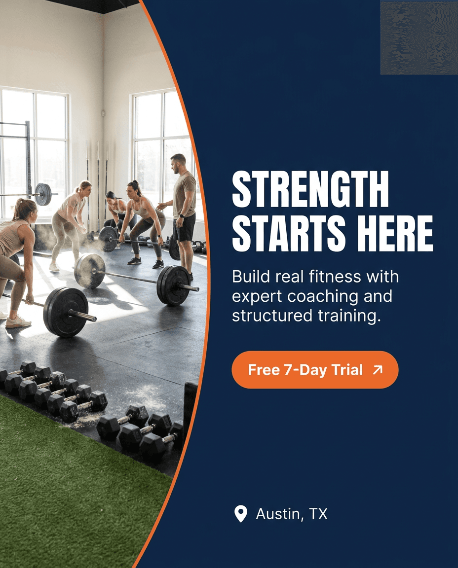 PaceRev-generated gym ad: free 7-day trial offer built from the studio's own photos